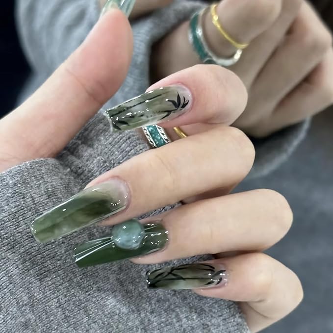 BABALAL Long Coffin Press on False Nails Dark Green Fake Nails Bamboo Glue ons Nail 3d Snake Goth Design Acrylic Nails 24Pcs Ballerina Suppplies Art