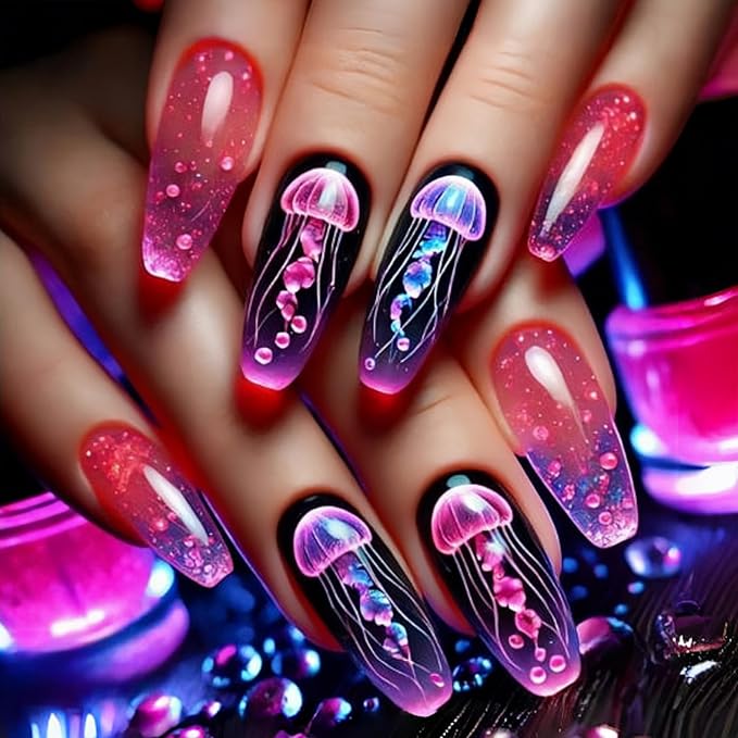 Jellyfish Press on Nails Long Ballet Shaped Full Cover Glossy Acrylic Fake Nail Cute Jellyfish Pattern Design Gradient Artificial Fingernails French Stick on Nail Reusable Glue on Nails for Women