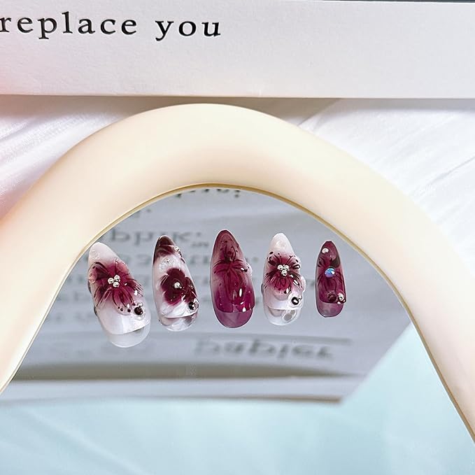 24Pcs Purple Press on Nails Medium Almond Fake Nails with Rhinestones Stick on Nails 3D Flower Acrylic Nails French Tip False Nails Full Cover Summer Floral Glue on Nails for Women Nail Art Designs