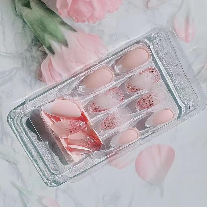 French Tip Press on Nails Medium Length Square - French Manicure Press on Nails Starry Sky Sparkly Design,False Nails high-end feeling Flashing pink Glossy Reusable Stick on Nails Medium French Nails