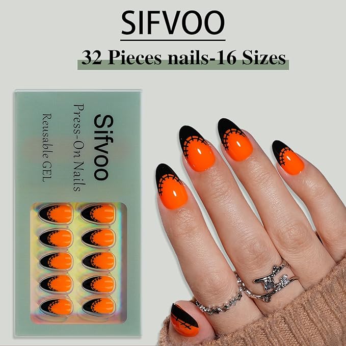 French Tip Press on Nails, Short Press on Nails Almond Reusable Glossy Soft Gel False Nails Orange Press ons for Women, 16 Sizes 32 Count Nails Kit with Glue (SV-09)