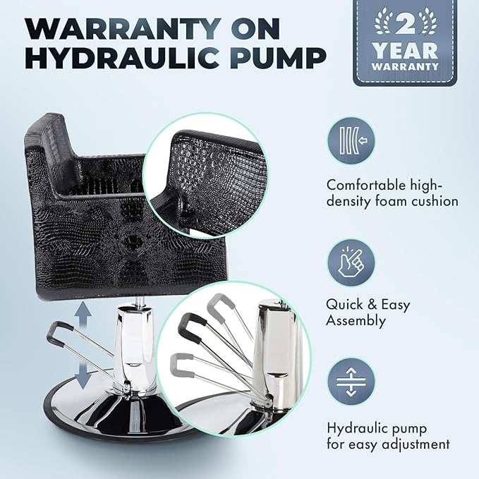 Buy-Rite Rosa Styling Chair for Salons & Barbershops - Crocodile Black, 23" Heavy-Duty Chrome Base, Wide Seat, Hydraulic Pump, No-Crevice Design, Armrests - YLG-308-CROC