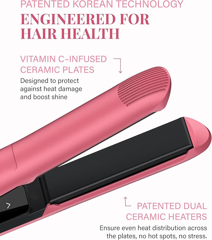 GLAMPALM Hair Straightener 1" Ceramic Flat Iron Infused with Vita C, Korea's No.1 Professional Salon Tool, 3D Swivel Cord & Dual Voltage, Digital LED(210°–450°), 20s Fast Heat-Up, Blush Pink (GP201T)
