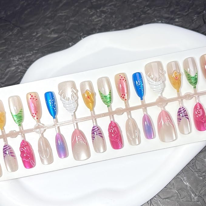 30Pcs Colorful Summer Press on Nails Medium Almond Fake Nails with 3D Shell Design Pink White Purple French Tip False Nails Y2K Blush Glitter Full Cover Glossy Stick on Nails for Women Decor