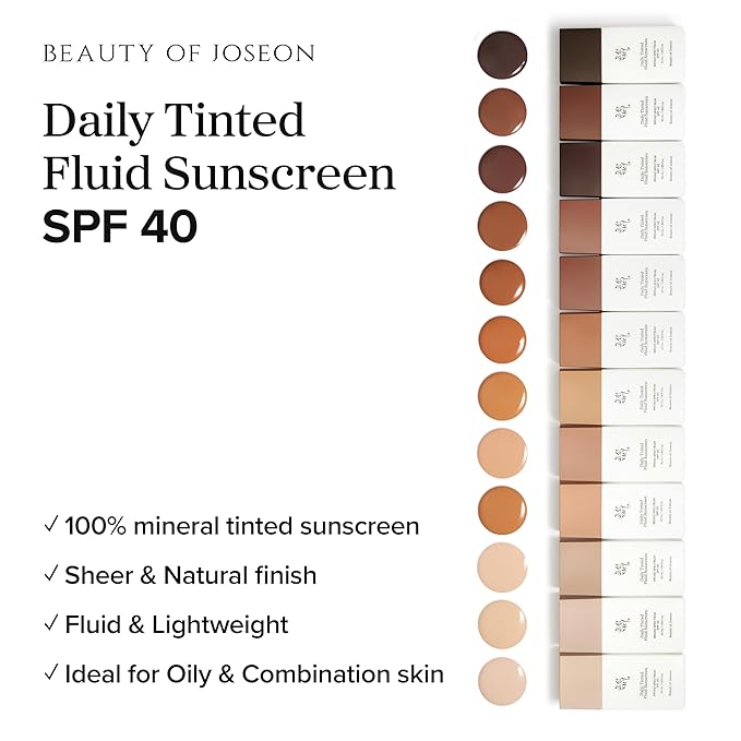 Beauty of Joseon Daily Tinted Fluid Sunscreen 12 Shades for Face Moisturizing Broad Spectrum SPF 40 Korean Skincare 50ml, 1.69 fl.oz #MY210