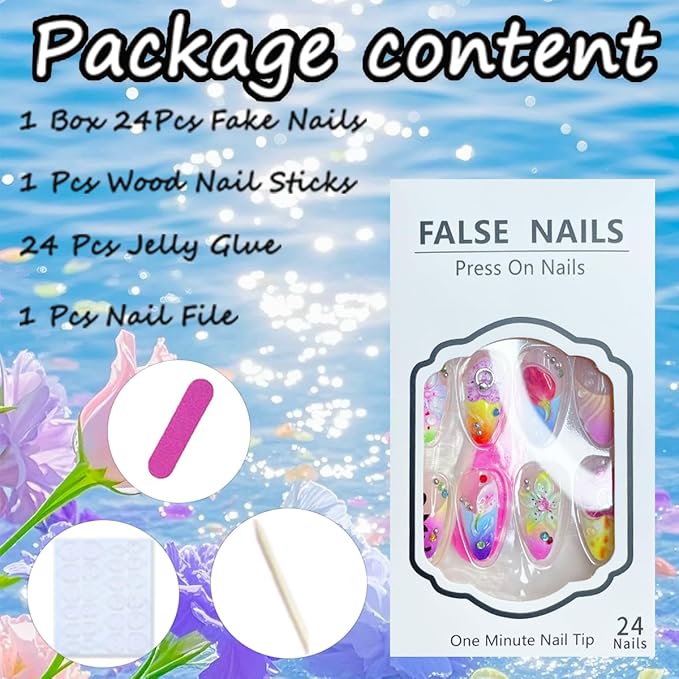 Colorful Flowers Rhinestone Press on Nails Long Almond Fake Nails with Designs 3D Gems Full Cover Artificial Nails French Tip Glue on Nails Spring Summer Acrylic Nails for Women Girls Manicure 24Pcs