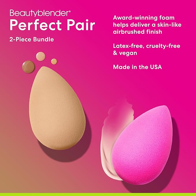 Beautyblender® | Original Pink + Nude Beauty Blender 2-Piece Bundle for Blending Foundations, Powders, and Creams, Super-Soft Foam for Streak-Free Application, Made in the USA, Reusable, Washable