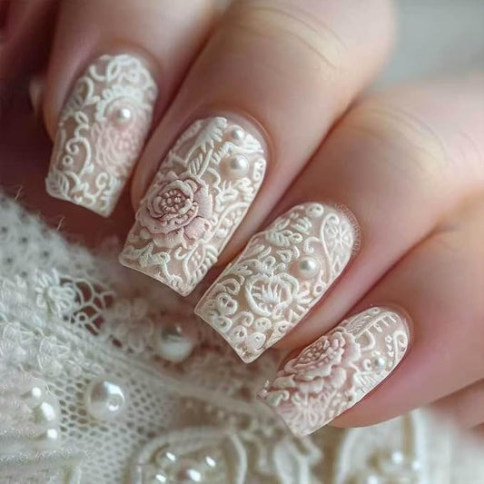 24Pcs White Flower Press on Nails Medium Square Fake Nails with 3D Pearl Design Spring False Nails Full Cover Artificial Glue on Nails Cute Stick on Nails Glitter Nail Supplies for Women DIY Manicure