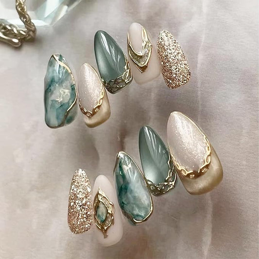 24pcs Almond Press on Nails Medium Fake Nails with 3D Gold Stripe Glitter Designs Glue on Nails Gold False Nails Kit Full Cover Stick on Nails for Women Nail Decoration