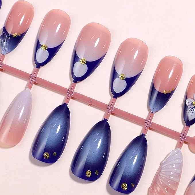 24Pcs Blue Flower Press on Nails Medium Almond French Tip Fake Nails with 3D Glue Dripping Crafts Blue Petals Designs Nude Stick on Nails Glossy False Nails Full Cover Artificial Nails for Women