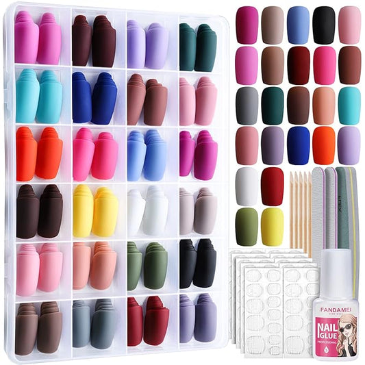 FANDAMEI Matte Press on Nails, 24 Packs 576PCS Press on Nails Medium Square Matte, Lightweight Natural Fake Nails Full Cover, False Nails with Glue