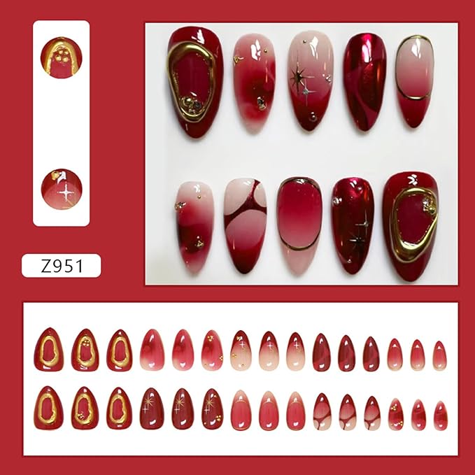 30pcs Deep Red Press on Nails Medium Almond French Fake Nails Stick on Nails Full Cover Artificial Glue on Nails Beautiful Fake nails Kit,Wine Red Nude Color Nail Art, Suitable for Women DIY Manicure