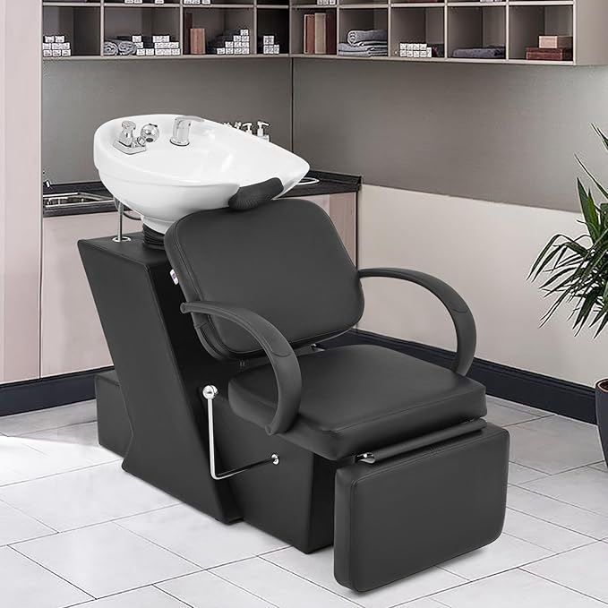 Artist hand Shampoo Bowl, 47" Ceramic Bowl Chair Adjustable Backwash Shampoo Station Footrest Salon Equipment(White Bowl)