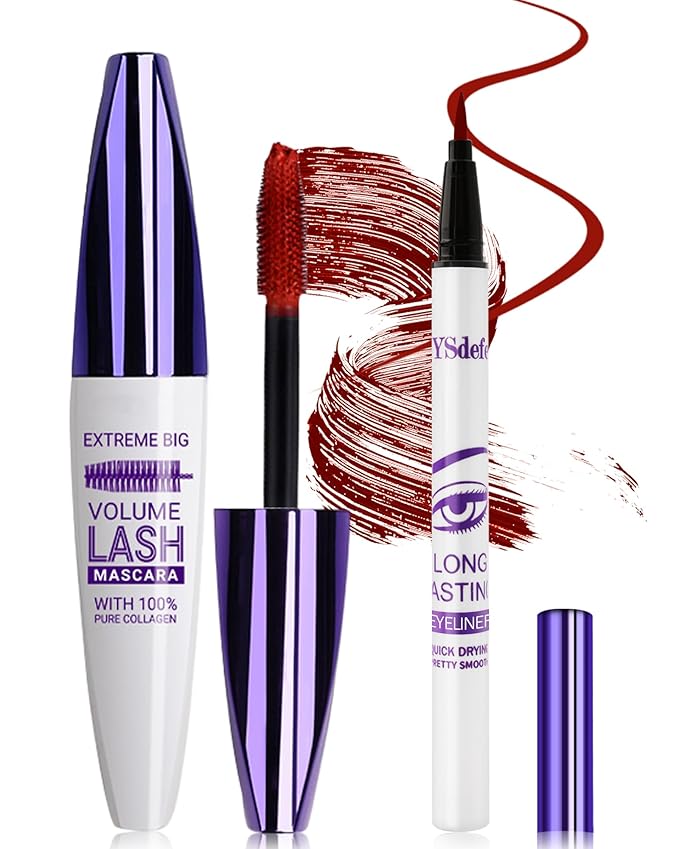 Red Mascara Liquid Eyeliner Set, Update Longlasting Waterproof Color Eye Liner Pen, 5D Silk Fiber Colored Mascara Volume and Length, Christmas Party Stage Use Eye Makeup Gift Kit for Women Girl-07