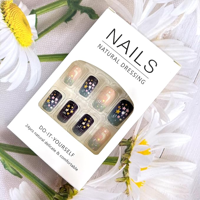 Press on Nails Mediun Ballet Shaped Stars Moon Glitter Sequins Design Colorful Gradient Acrylic False Nail Artificial Stick on Nails Glitter Manicure Glossy Reusable Glue on Nail for Women