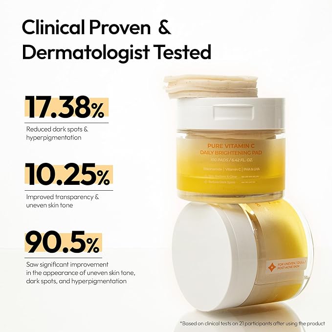 FreeGo Pure Vitamin C Daily Brightening Pad (100 Pads), K-Beauty Facial Toner Pads for Uneven Hyperpigmented Skin, Instant Brightening & Transparency