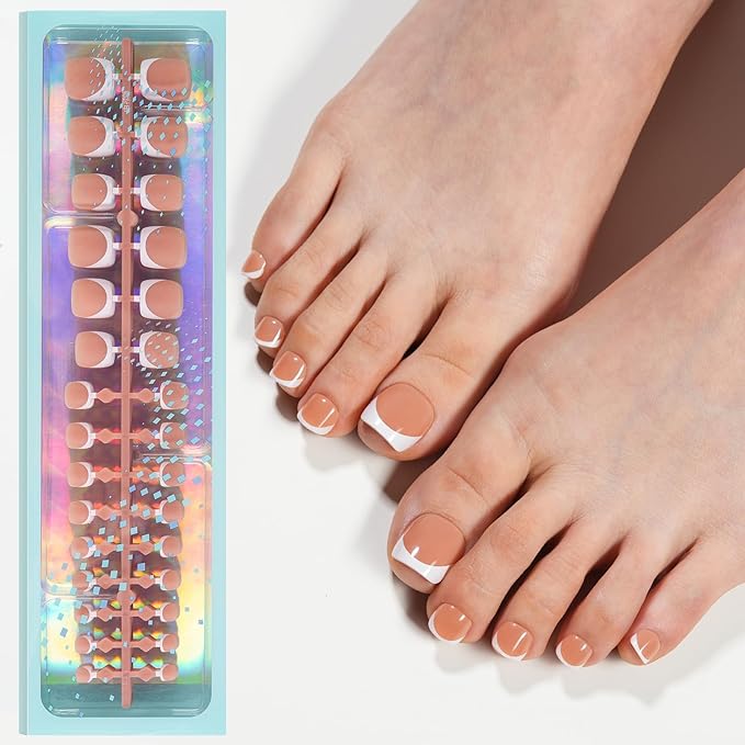 Vansiho Press on Toe Nails Short, Brown White French Tips Toenail Press on Square for Women, Soft Gel Fake Toe Nails, Acrylic Nails Soak off Toenail Home DIY 15 Sizes