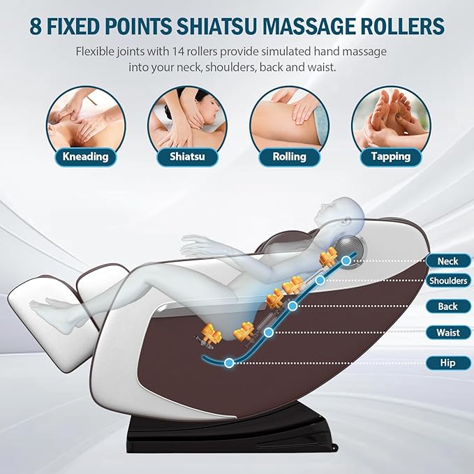 Massage Chair Full Body Zero Gravity, Massage Recliner with Air Pressure, 10 Fixed Massage Rollers, Heating, Foot Roller, Bluetooth Speaker, for Home Office Men Women (Brown)