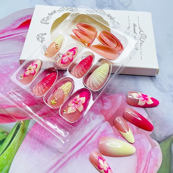 24Pcs Medium Press on Nails Almond French Tip Fake Nails Pink Hawaii Flower Acrylic Nails with Gold Rhinestones Design Summer Glue on Nails Full Cover Artificial False Nails Tips for Women Manicure