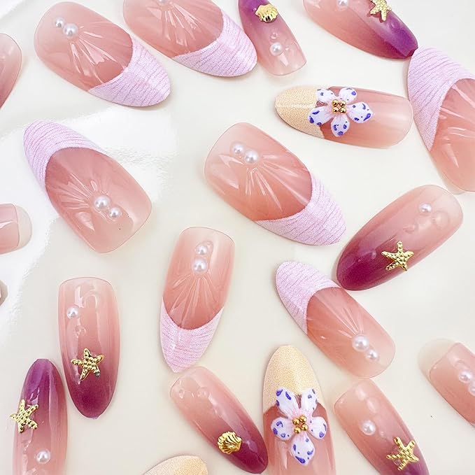 30Pcs Purple Flower Press on Nails Medium Almond Fake Nails with 3D Gold Shell Pearl Design Pink French Tip Acrylic False Nails Water Drop Ombre Summer Full Cover Stick on Nails for Women