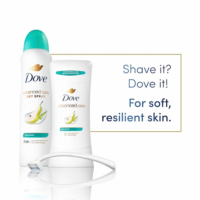 Dove Advanced Care Antiperspirant Deodorant Stick Rejuvenate 4 Count to help skin barrier repair after shaving by boosting skin's ceramide levels 72-hour odor control for soft underarms 2.6 oz