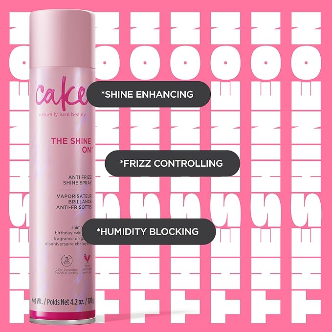 Cake Beauty Anti Frizz Shine Spray, The Shine On - Blocks Humidity for Smooth, Frizz Free, Shiny Hair - Safflower, Sweet Almond, Moringa & Argan Oil - For All Hair Types - 4.2 Oz