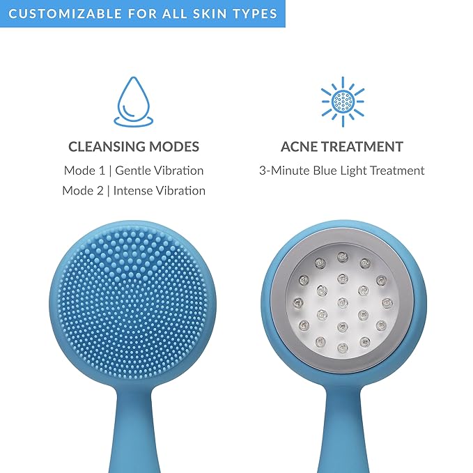 PMD Beauty Facial Cleansing Brush - Smart Silicone Brush with Blue Light Treatment - SonicGlow Vibration - Waterproof Device for Acne