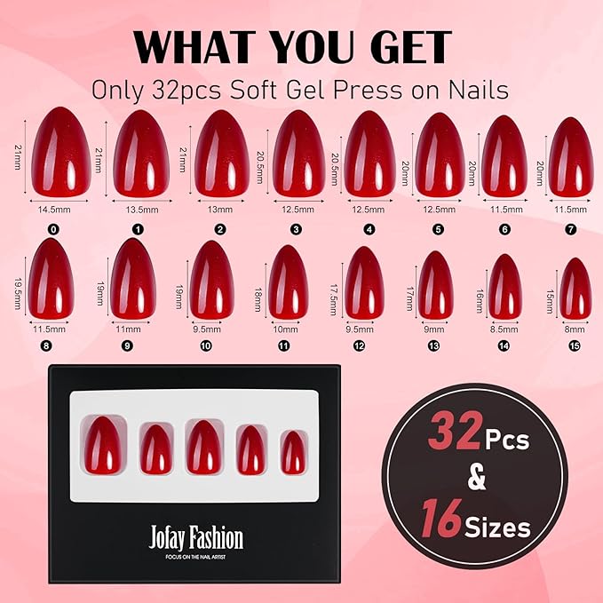 Press On Nails Red - Christmas Press On Nails Short Almond for Gifts, Cherry Red Soild Stick On Nails, Glossy Reusable Nail Tips in 16 Sizes - 32 Soft Gel Fake Nails Kit, Fiery Red
