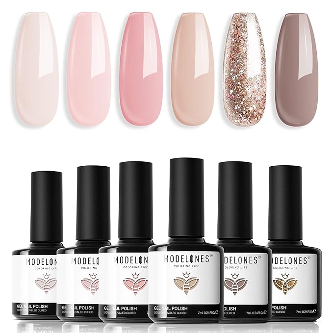 modelones Nude Gel Nail Polish Set, 6 Colors Glitter Neutral Pink Gel Polish Brown Tan All Seasons Skin Tones Soak Off LED Soapnails Manicure Salon DIY Home Starter Kit Holiday Gift for Women Girl