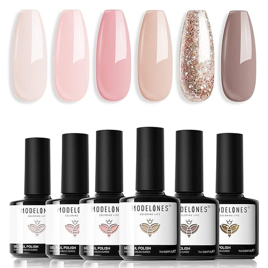 modelones Nude Gel Nail Polish Set, 6 Colors Glitter Neutral Pink Gel Polish Brown Tan All Seasons Skin Tones Soak Off LED Soapnails Manicure Salon DIY Home Starter Kit Holiday Gift for Women Girl