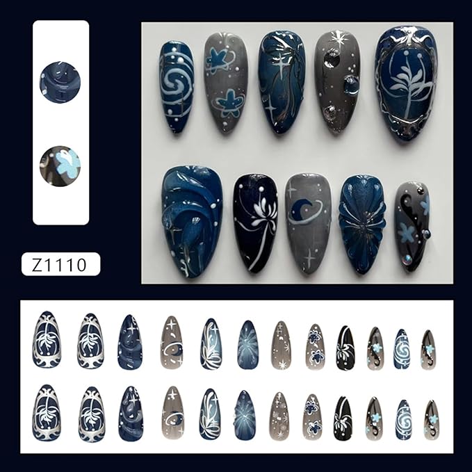 24Pcs Dark Press on Nails Almond Fake Nails Gradient Blue 3D Water Ripple Press on Tips Bow Decor Y2k Style False Nails Medium Silver Star Full Cover Artificial Nails Cute Stick on Nail Acrylic