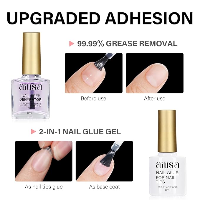 AILLSA Nail Tips and Glue Gel Kit Short Coffin Nail Tips 240pcs with 2 In 1 Nail Glue Base Coat and Nail Dehydrator, Gel Extension Nail Kit with U V Light Top Coat for DIY Home Salon