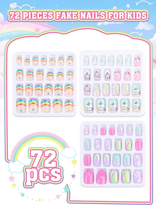 72 Pieces Press on Nails for Kids, EBANKU 3 Pack Kid Fake Nail Kit Rainbow Unicorn Star Press on Nails for Girls 7-12 Years with Jelly Nail Adhesives