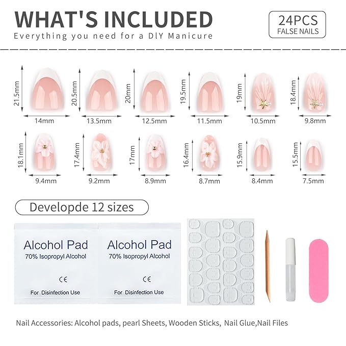 White Flower Press On Nails short, 24pcs Almond French Fake Nails with 3D Floral Design, Pearl & Starfish Decor, Glossy Nude Acrylic Stick On Nails Kit for Women Girls Manicure