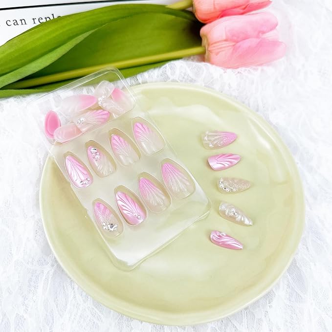 24pcs 3D Handmade Press on Nails Medium Almond Fake Nails with Pearl Shell Star Rhinestones Designs Pink Gradient False Nails Stick on Nails Summer Full Cover Acrylic Nails Glue on Nails for Women