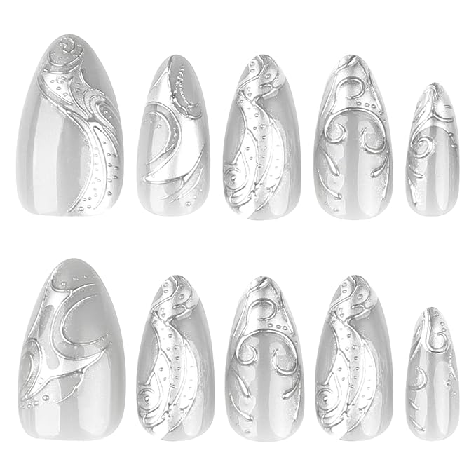 Silver Press on Nails Medium Almond Fake Nails Metal Chrome False Nails Gothic Stripes Line Acrylic Nails Reusable Artificial Nail 3D Full Cover Stick on Nail for Women Girls Manicure Art Decoration