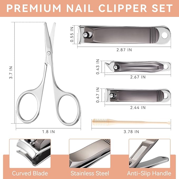 6-in-1 Stainless Steel Manicure Kit, Nail Clipper + Nose Hair Scissors + Ear Spoon | Mili-Grade Blades & TSA Compliant | Portable Travel Essentials