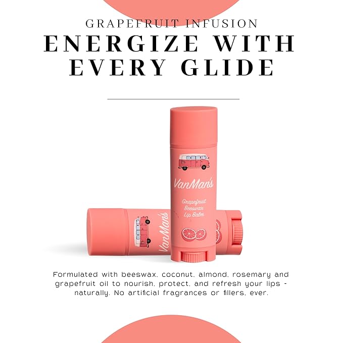 VanMan Beeswax Lip Balm Tube – Organic Beeswax with Coconut and Sweet Almond Oils, Lanolin, and Grapefruit Oil – Hydrating Moisturizer for Dry Lips – Grapefruit – 3 Tube Pack