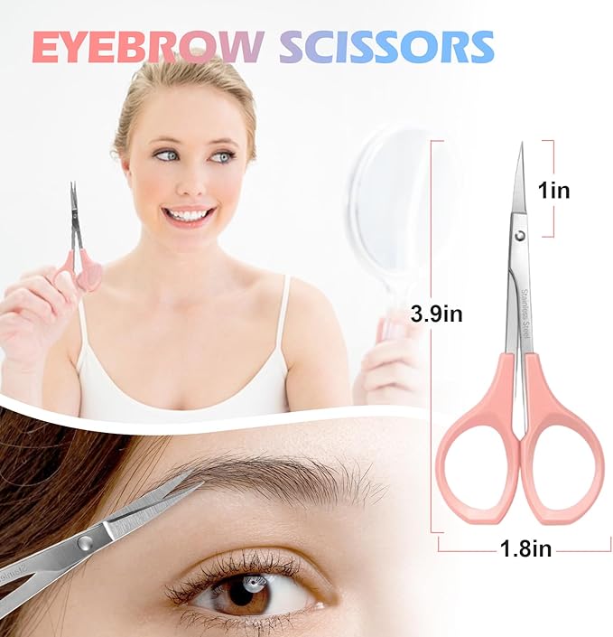 2 Pcs Eyebrow Scissors for Women， Small Scissors Beauty for Facial Hair, Beard, Ear, Nose, Moustache， Stainless Steel