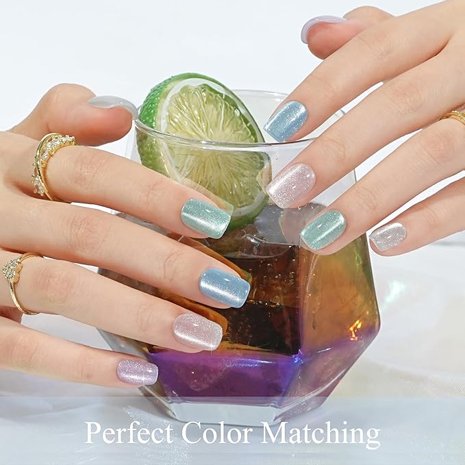 Press on Nails Short 5 Styles, Jofay Fashion 160Pcs Summer Cat Eye Press on Nails for Women, Reusable Opaque Gel Fake Nails, Square Glue On Nails in 16 Sizes, Island