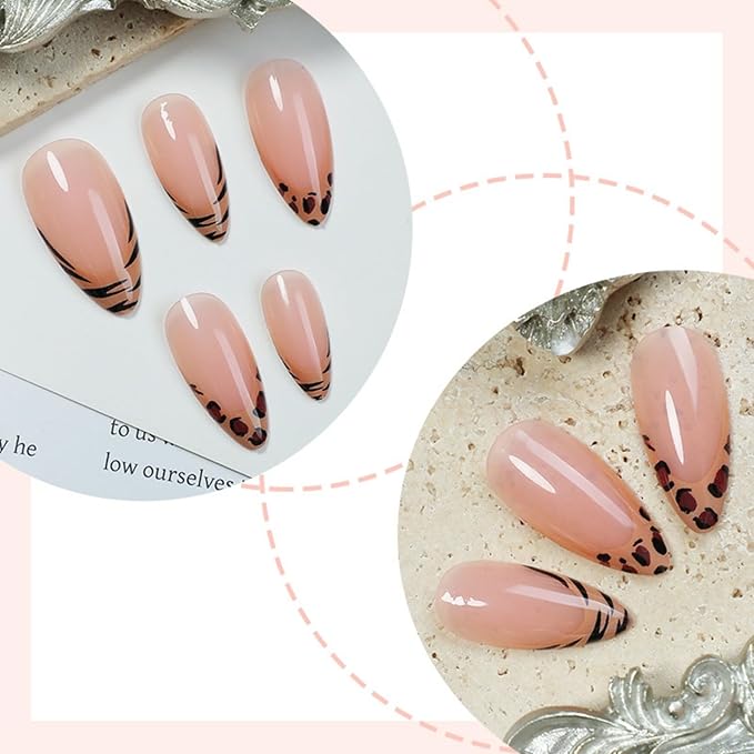 Leopard Print Nails Press ons French Tip Press on Nails Medium Almond Fake Nails Nude Glue on Nail Glossy Full Cover Artificial Acrylic Stick on Nail for Women Manicure 24Pcs