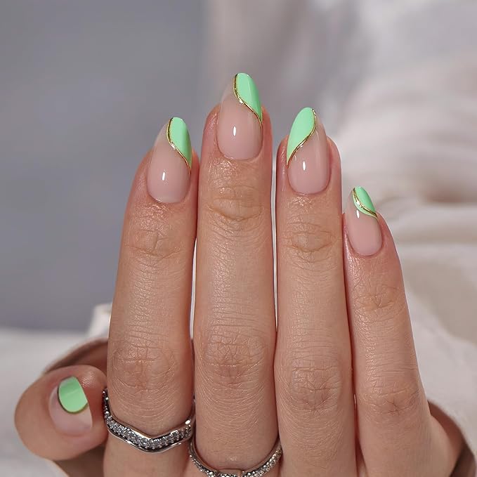 BTArtbox Press On Nails Almond - Short Designed With Gold Foil, Natural Tips, Glue On for Gifts, Stick On in 16 Sizes - 30 Nail Kit, Scenery