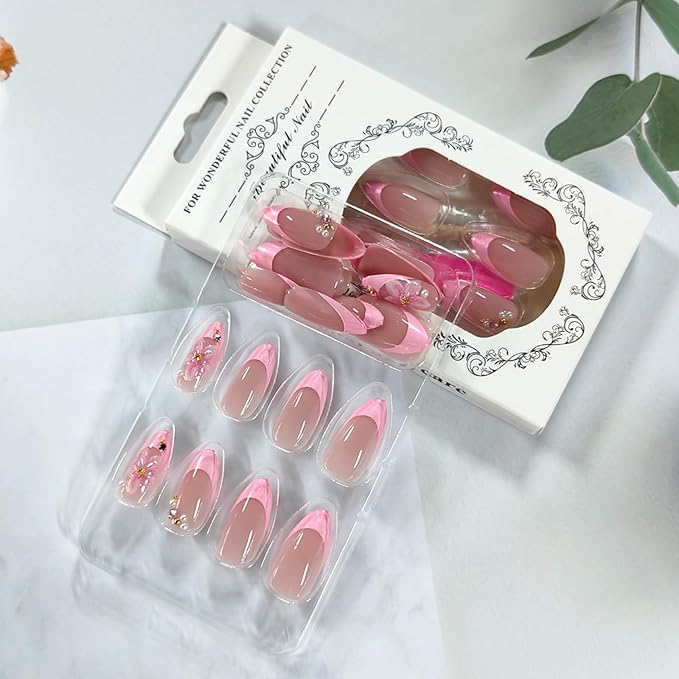 3D Pink Flower Press on Nails French Tip Medium Almond Fake Nails with Pearl Rhinestone Designs Glossy Acrylic False Nail Tips Full Cover Artificial Glue on Nails for Women Manicure Kit