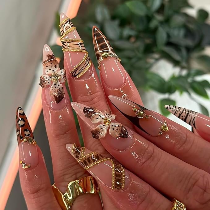 Fall Almond Press on Nails Medium French Tip Fake Nails Luxury Gold Beads Glue on Nail Brown Handmade Acrylic Nails Autumn Flower False Nail Leopard Print Tip Stiletto Stick on Nail for Women 24Pcs