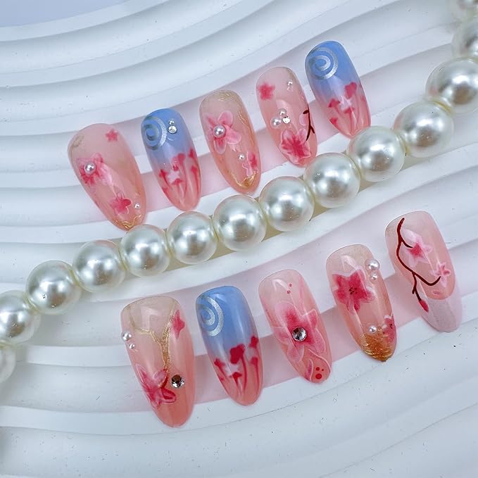 30Pcs Pink Almond Press On Nails with 3D Pearl Rhinestones, ABS Acrylic Material, Full Cover Nail, Modern Style, Multicolor Pattern, Glossy Finish, 1 Set of 30 Pieces