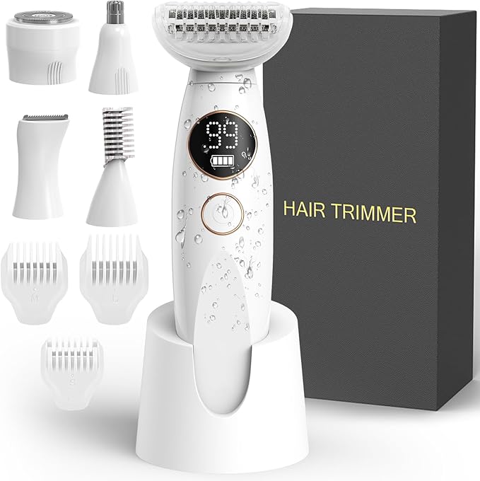 5 in 1 Bikini Trimmer for Women, Electric Razors for Women Shaver Cordless Body Pubic Hair Trimmer Waterproof Facial Hair Removal Electric Shaver, USB Charge Dock
