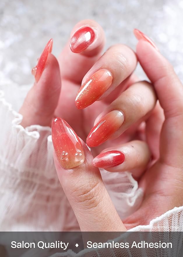 ohora Semi Cured Gel Nail Strips (N Shizuku Apple) - Works with Any Lamps, Salon-Quality, Long Lasting, Easy to Apply & Remove - Includes 2 Prep Pads, Nail File & Wooden Stick