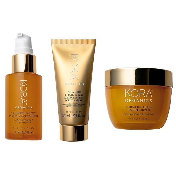 KORA Organics Turmeric Glow Brightening Trio, Gift Set with Turmeric Glow Moisturizer, Exfoliating Mask and Foaming Cleanser (3 Items)