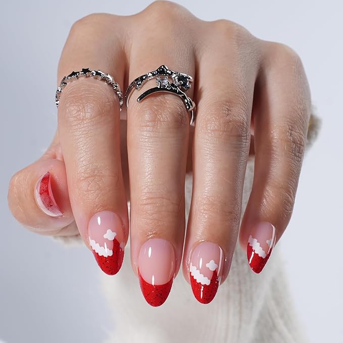 Christmas Press On Nails - Candycap Short Almond Fake Nails, Red French Tip Press On Nails Reusable Stick On Nails in 16 Sizes, 32pcs False Nail Kit for Women & Girls