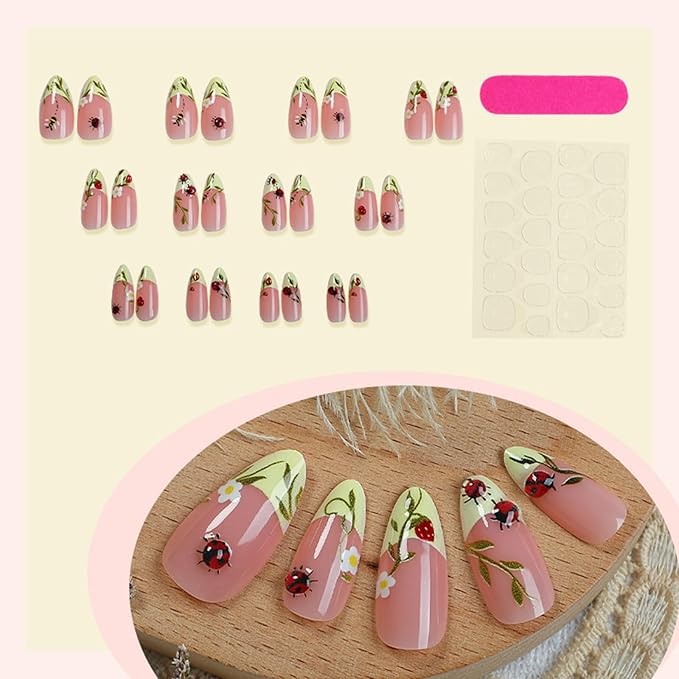 French Tip Press on Nails Medium Almond Fake Nails with 3D Ladybug Designs Cute Flower Leaf Acrylic False Nails Summer Glue on Nail Reusable Full Cover Stick on Nail for Women 24Pcs